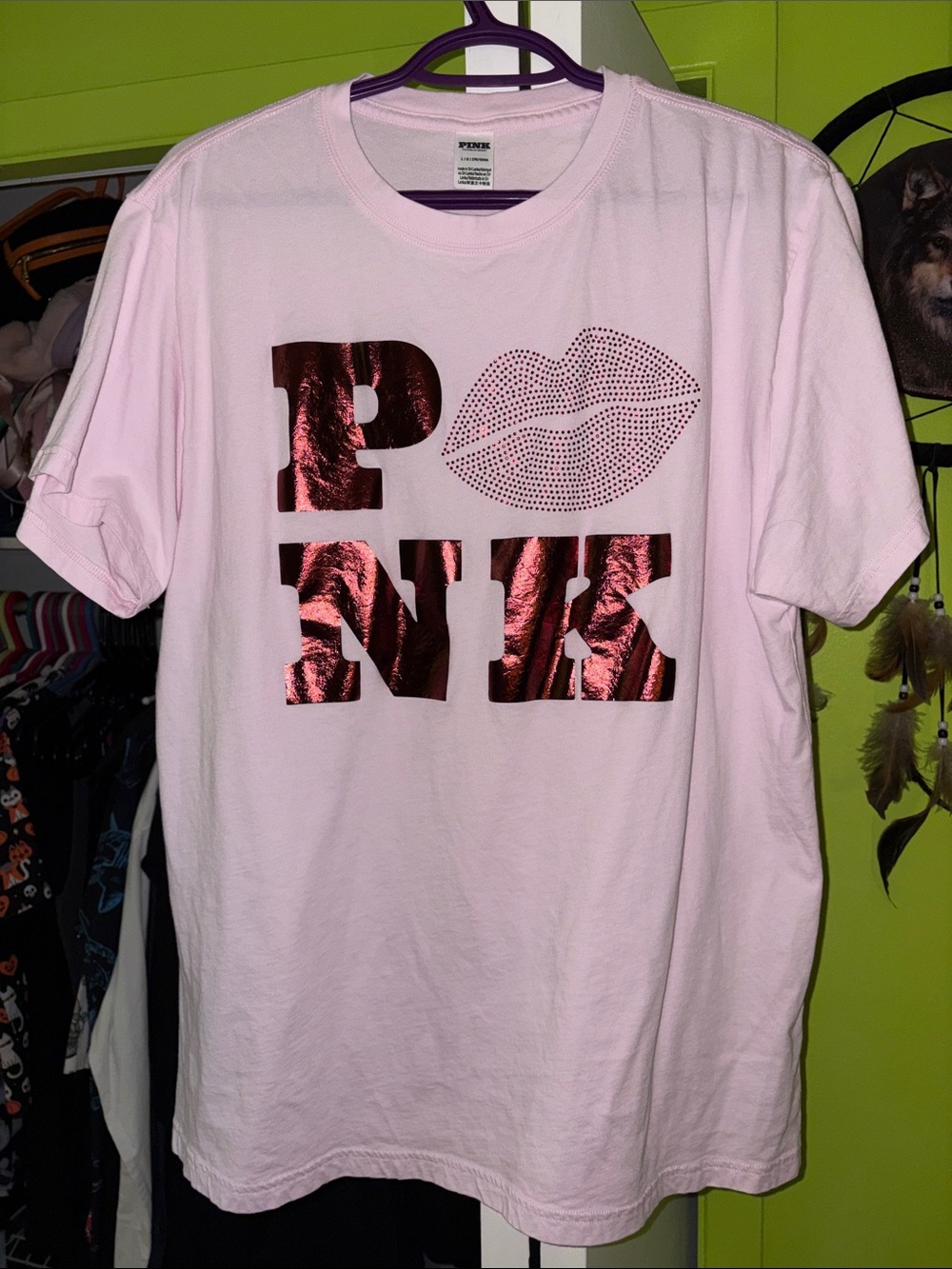 PINK Victoria's Secret Bling Light Pink Tee Rhinestone Kiss L